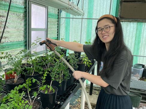 Na Xie in greenhouse watering plants