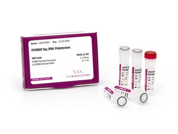 Photo of PCRBIO Taq DNA Polymerase showing the 5 tube, 500 reaction presentation of PB10.11-05
