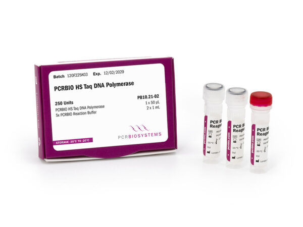 Photo of PCRBIO HS Taq DNA Polymerase showing the 3 tube, 250 unit presentation of PB10.21-02.