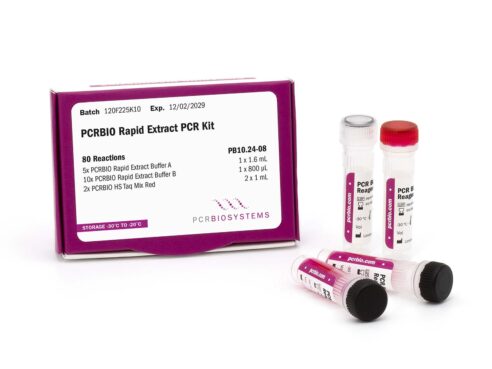 Photo of PCRBIO Rapid Extract PCR Kit showing the 4 tube, 80 reactions presentation of PB10.24-08.