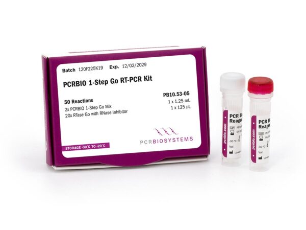 Photo of PCRBIO 1-Step Go RT-PCR Kit showing the 4 tube, 100 reaction presentation of PB10.53-10.
