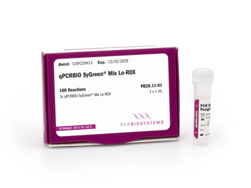 Photo of qPCRBIO SyGreen Mix showing the 50mL bottle (5000 reactions) presentation of PB20.11-50, SYBR green alternative