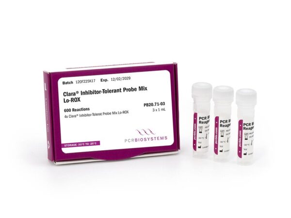 Inhibitor tolerant qPCR and 1-step RT-qPCR mix. Image showing box and tubes of Clara Inhibitor-Tolerant Probe Mix
