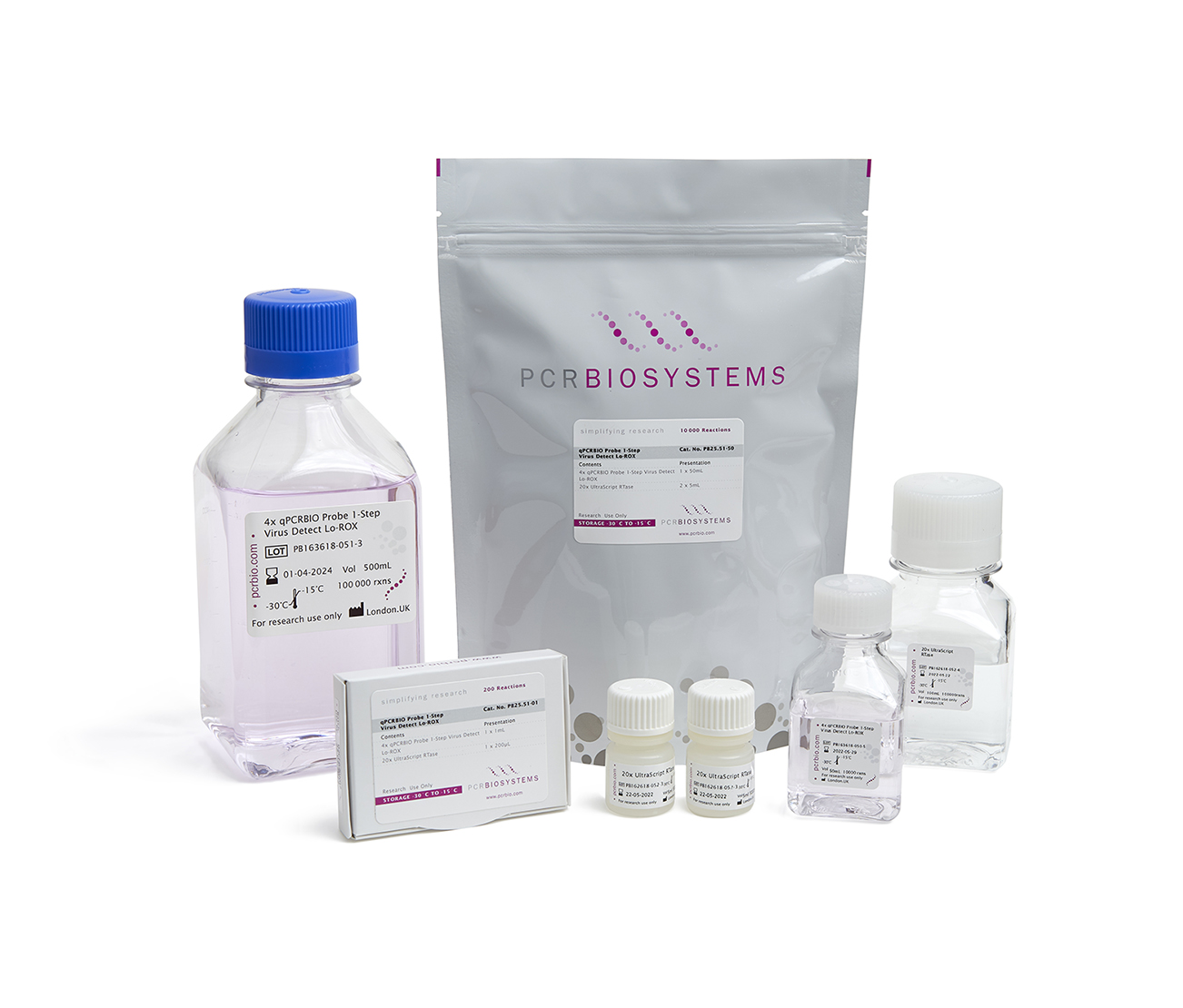 Product photo showing the different standard and bulk pack sizes of qPCRBIO Probe 1-Step Virus Detect