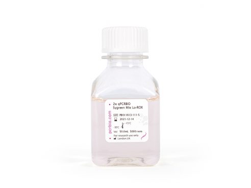 Photo of qPCRBIO SyGreen Mix showing the 50mL bottle (5000 reactions) presentation of PB20.11-50