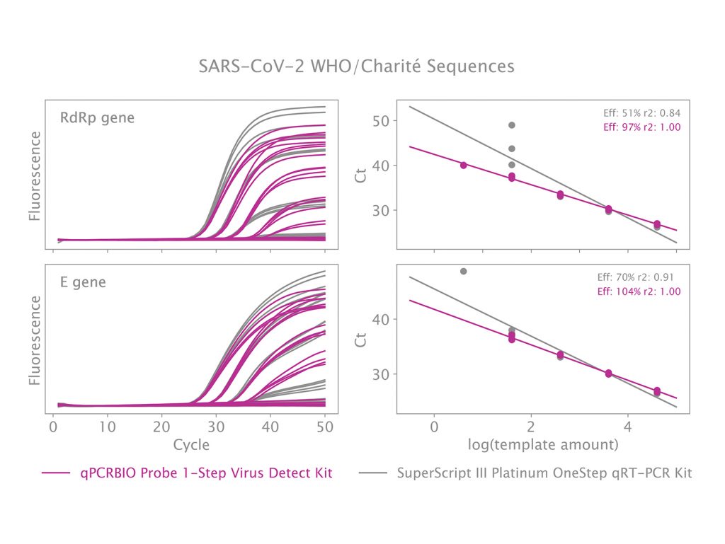 Validation of qPCRBIO Probe 1-Step Virus Detect using WHO/Charité recommended primer probe sequences targeting RdRp and E genes