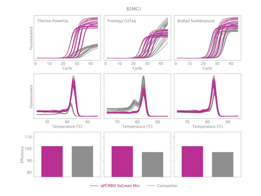 Amplification of Beta-2 Microglobulin using qPCRBIO SyGreen Mix and 3 different competitor mixes
