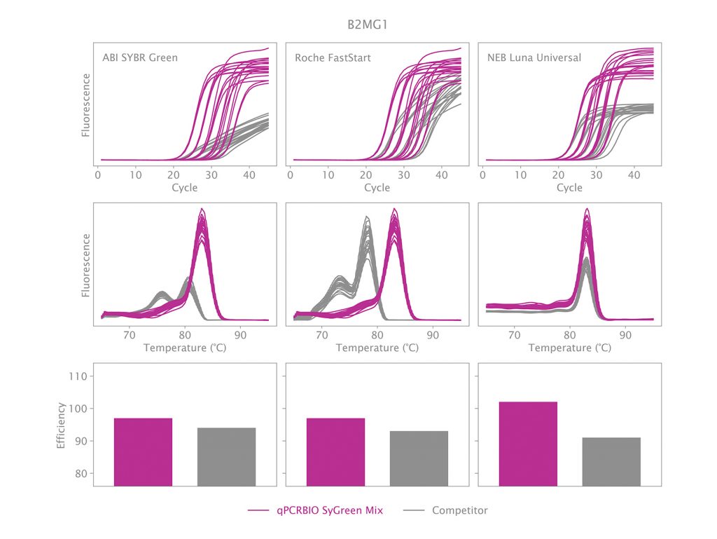 Amplification of Beta-2 Microglobulin using qPCRBIO SyGreen Mix and 3 different competitor mixes